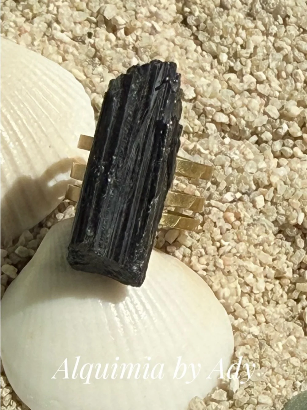 Black Tourmaline Raw Column Ring with Gold Band